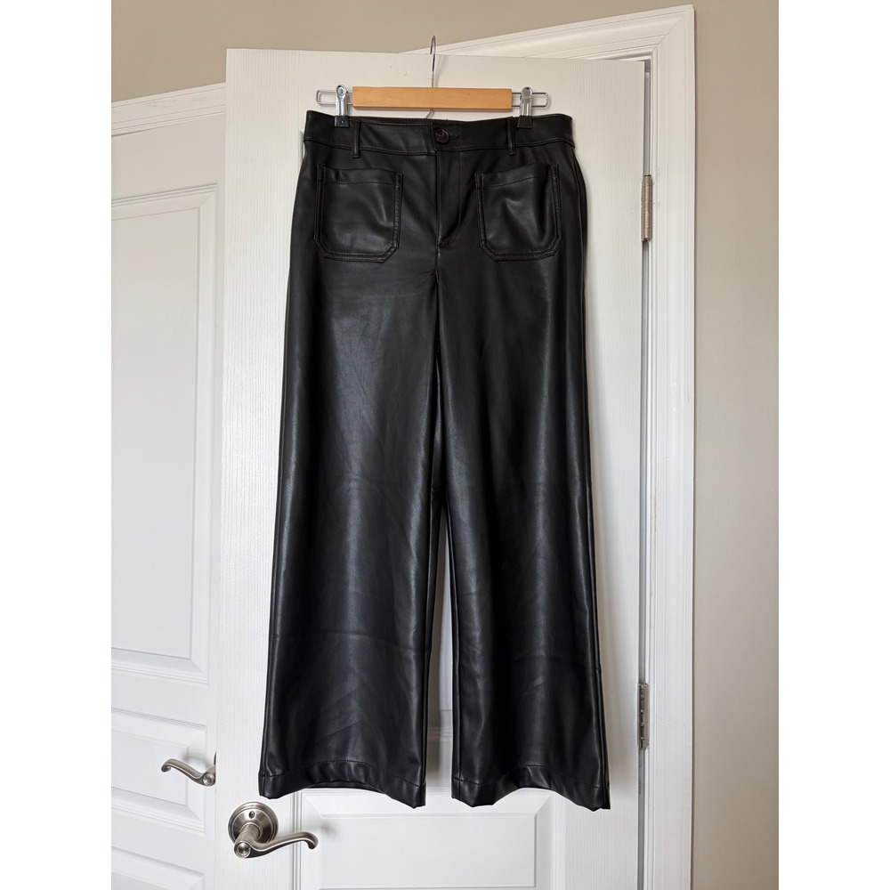 LOFT The Palmer Wide Leg Black Faux Leather Pants Front Patch Pockets Size 4